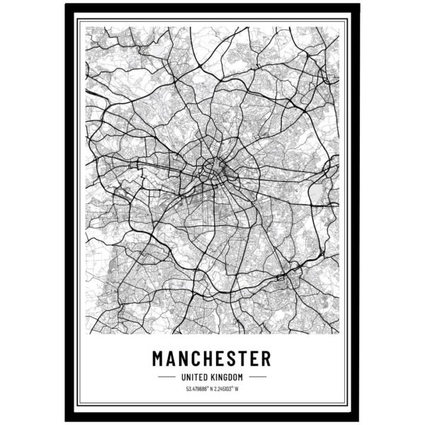 Black and white map of Manchester wall art showing detailed streets