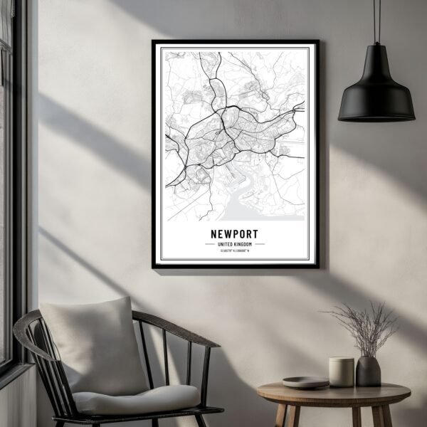 Black and white map of Newport wall art showing streets, districts