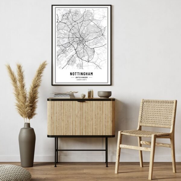 Black and white map of Nottingham wall art showing detailed streets