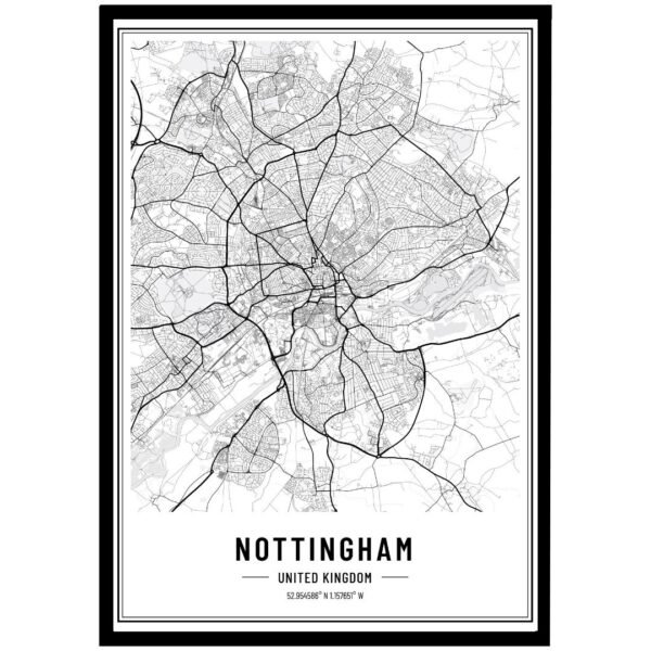 Minimalist monochrome Nottingham city map print highlighting detailed design