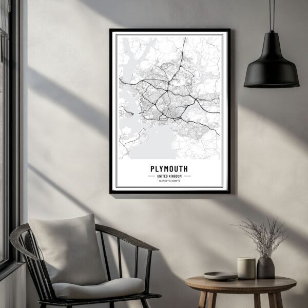 Minimalist Plymouth city map print highlighting coastline