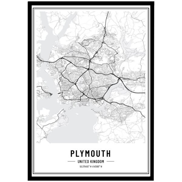 Black and white map of Plymouth wall art showing detailed streets