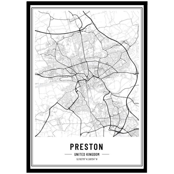 Black and white map print of Preston, United Kingdom, displaying streets and geographic features.