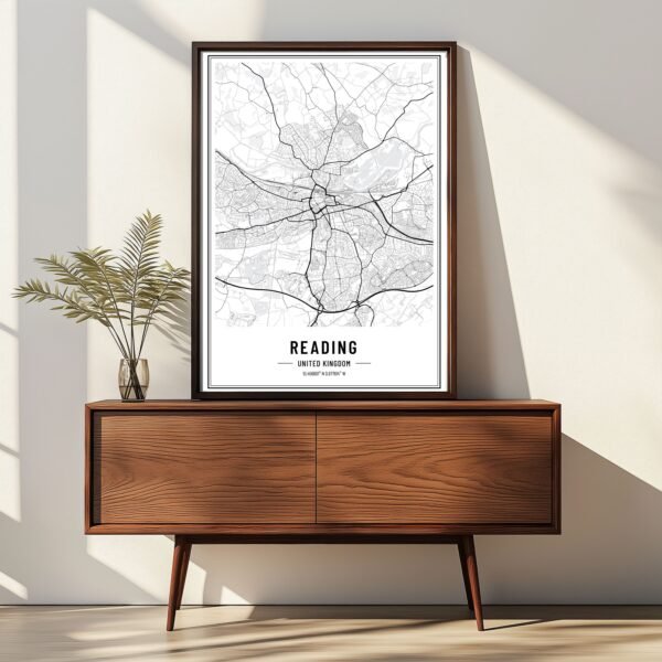 Black and white map of Reading wall art showing detailed streets and city layout