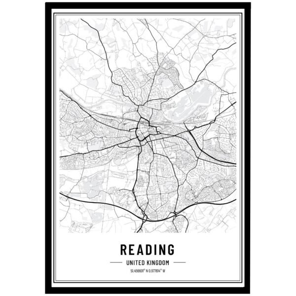Minimalist monochrome Reading city map print highlighting streets and districts