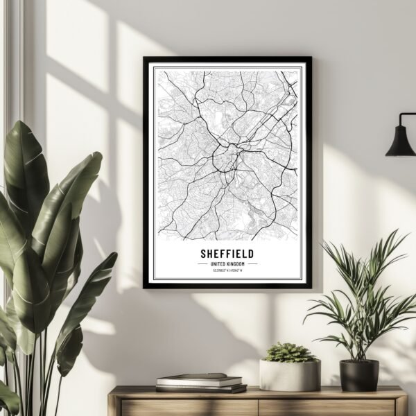 monochrome Sheffield city map print highlighting streets and urban design