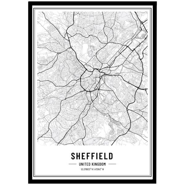 Black and white map of Sheffield wall art showing detailed streets