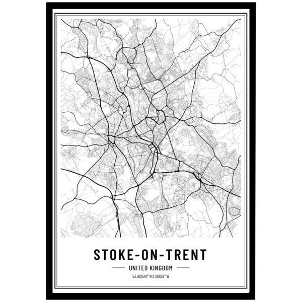 Black and white map of Stoke-on-Trent wall art showing city streets
