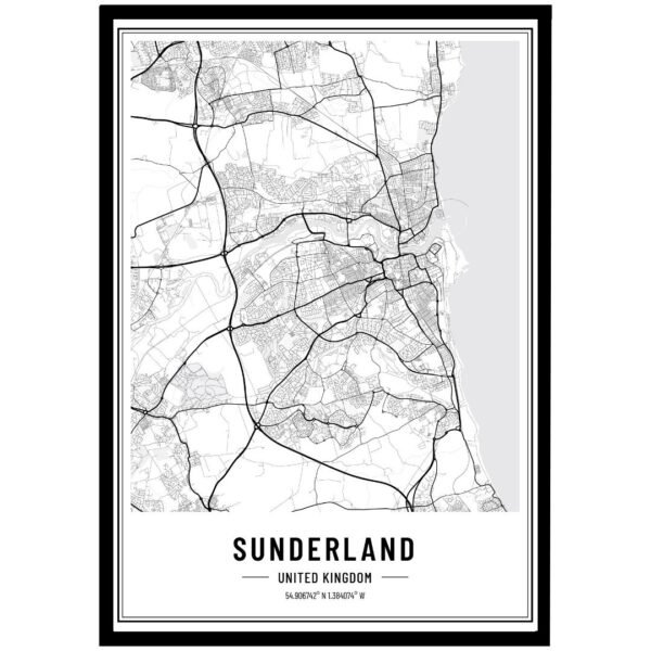Black and white map of Sunderland, United Kingdom, displaying streets and layout in a detailed design.