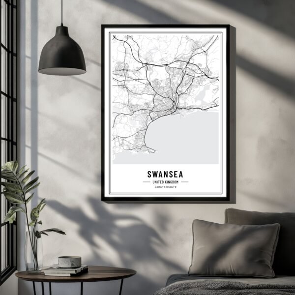 monochrome Swansea city map print highlighting streets