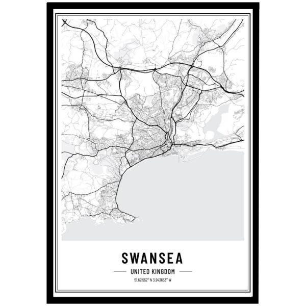 Black and white map of Swansea wall art showing streets and city layout