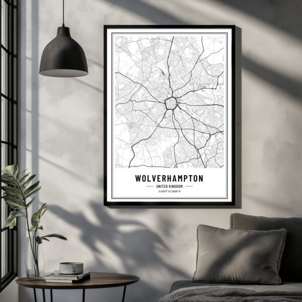 Minimalist monochrome Wolverhampton city map print