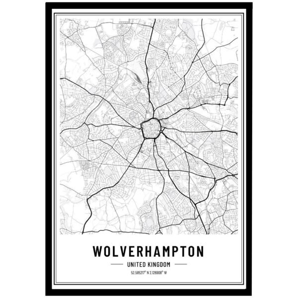 Black and white map of Wolverhampton wall art showing detailed streets