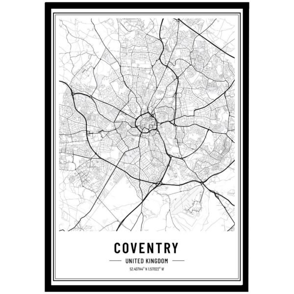 Detailed black and white map of Coventry, United Kingdom, showing streets and layout.