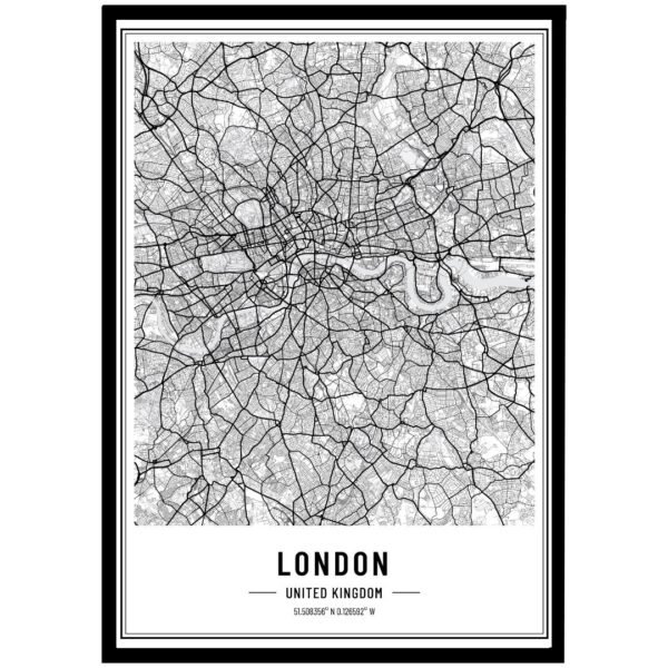 Black and white map of London displaying streets and geographical features in a detailed design.