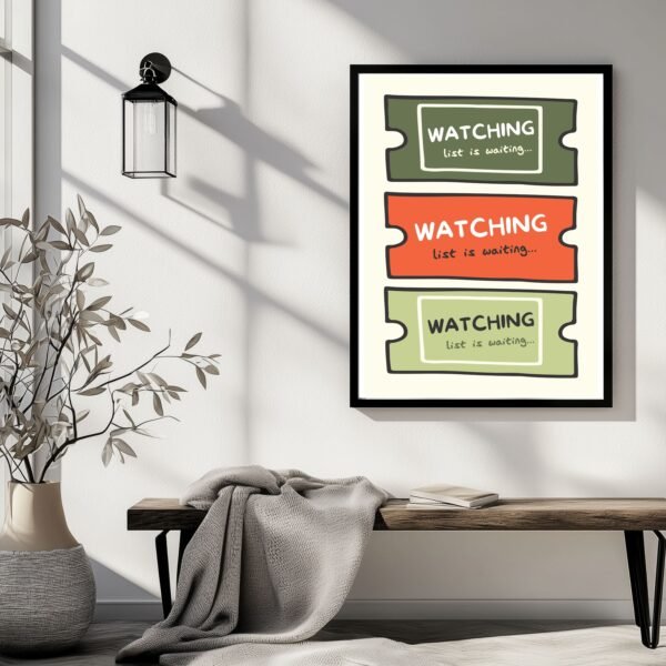 Illustration of three movie tickets with the text WATCHING list is waiting in green, red, and orange