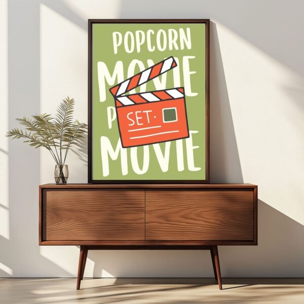 Playful wall art print featuring movie clapperboard and text Popcorn Movie Set in modern style