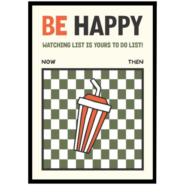 Poster featuring a graphic of a drink cup with a straw and a checkered background.
