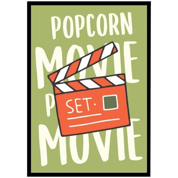 Illustration of a movie clapperboard with the words 'Popcorn Movie Set' in a playful design.