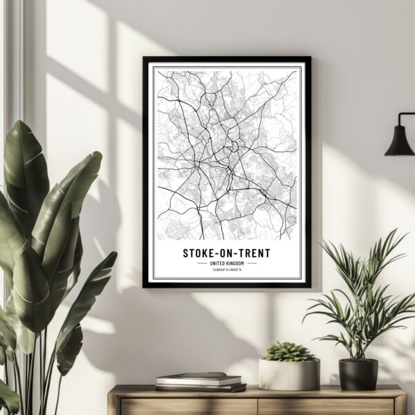 Black and white map of Stoke-on-Trent, United Kingdom, showing streets and layout in a detailed design.