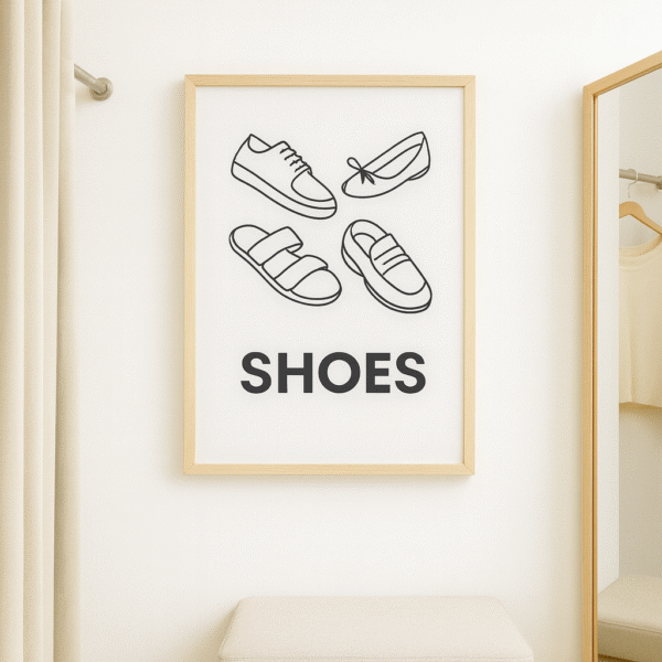 Minimalist black and white line art poster showing four shoe illustrations with the word Shoes.