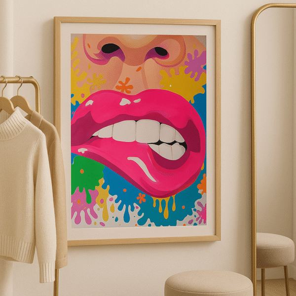 Vibrant pop art poster featuring bright pink lips biting the lower lip against a colourful splash background.