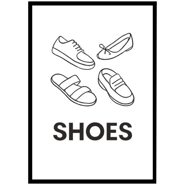 Modern footwear illustration print featuring simple line drawings of shoes in a wooden frame.